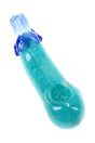Aqua eggplant glass hand pipe with blue leafy accents, frit body, round spoon bowl, and compact 5½″ shape
