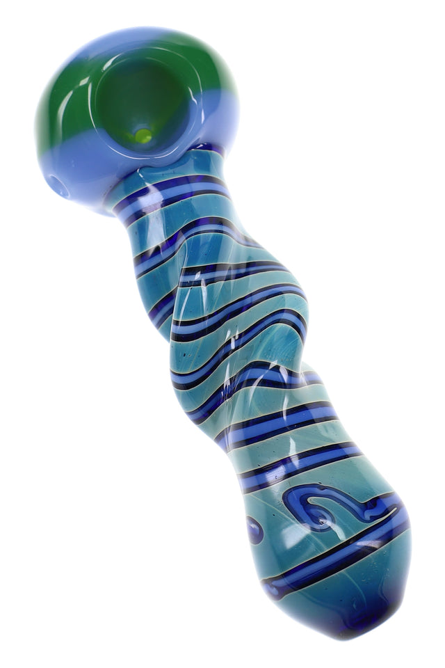 Blue-green silver-fumed glass hand pipe with wavy twisted stem, neon bowl, black stripe accents, and carb hole