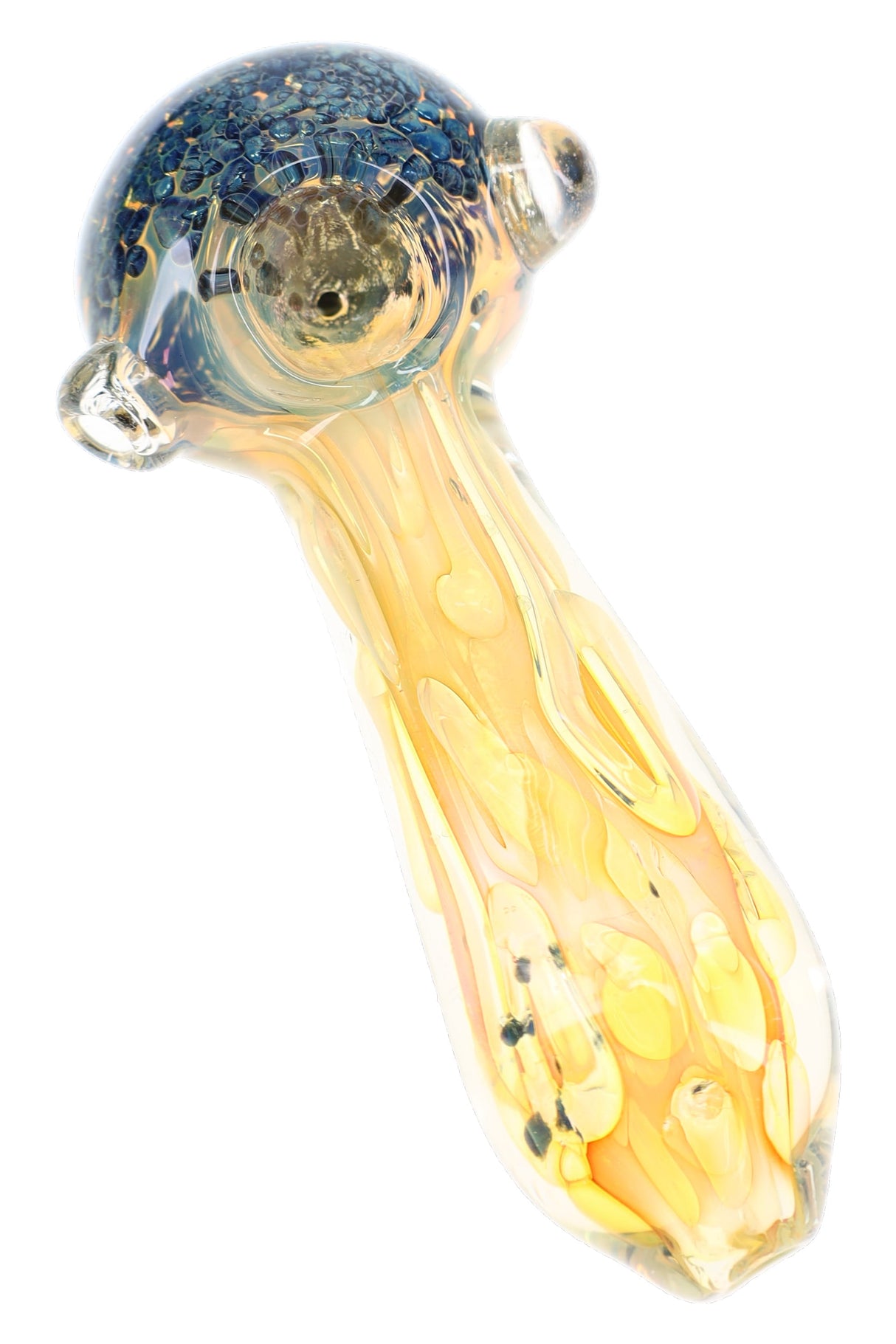 Gold-fumed glass hand pipe with blue frit bowl, clear marble accents, bubble texture, and long spoon stem
