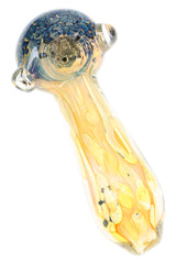 Gold-fumed glass hand pipe with blue frit bowl, clear marble accents, bubble texture, and long spoon stem