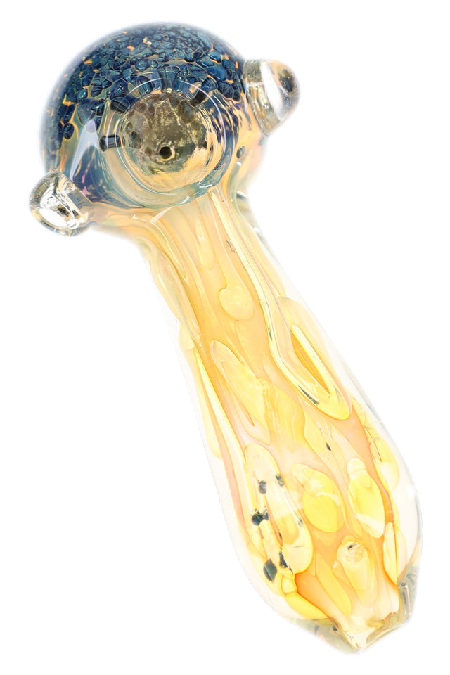 Gold-fumed glass hand pipe with blue frit bowl, clear marble accents, bubble texture, and long spoon stem