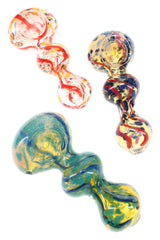Assorted 4″ color-changing glass hand pipes with frit patterns, bold stripe accents, spoon bowls, and curved stems