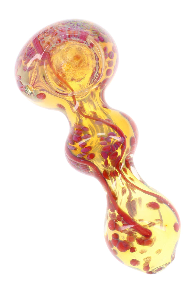 ellow color-changing glass hand pipe with red frit dots, stripe accents, spoon bowl, and rounded mouthpiece