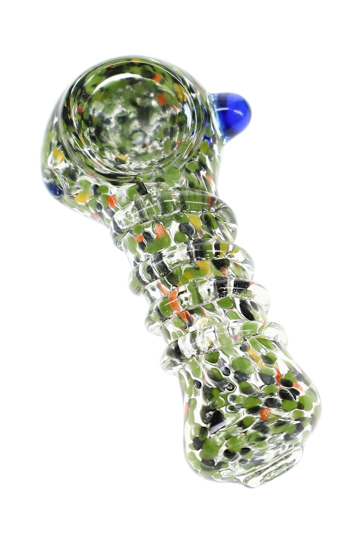 Green confetti frit glass hand pipe with raised coil body, blue marble accent, round bowl, and compact 2½″ size