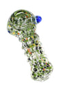 Green confetti frit glass hand pipe with raised coil body, blue marble accent, round bowl, and compact 2½″ size