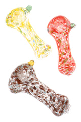 Assorted mini confetti frit glass hand pipes with bright speckled colors, marble accents, and spoon bowls