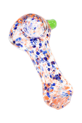 Orange and blue confetti frit glass hand pipe with green marble accent, round bowl, and compact 2½″ shape