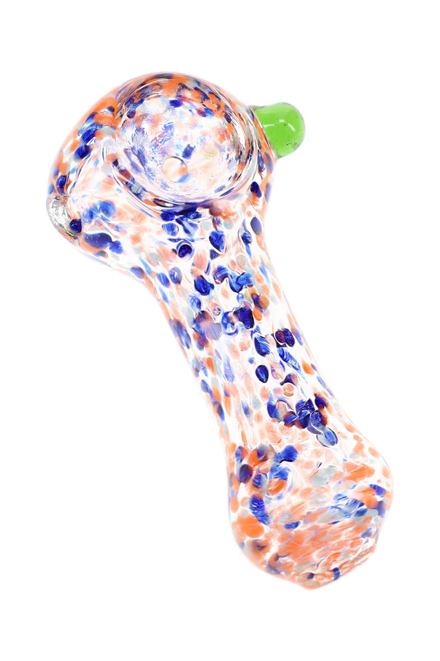Orange and blue confetti frit glass hand pipe with green marble accent, round bowl, and compact 2½″ shape
