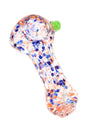 Orange and blue confetti frit glass hand pipe with green marble accent, round bowl, and compact 2½″ shape