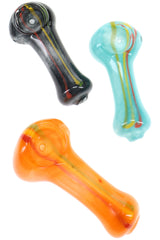 Assorted 2½″ rasta stripe glass hand pipes with frit color, spoon bowls, carb holes, and compact stems