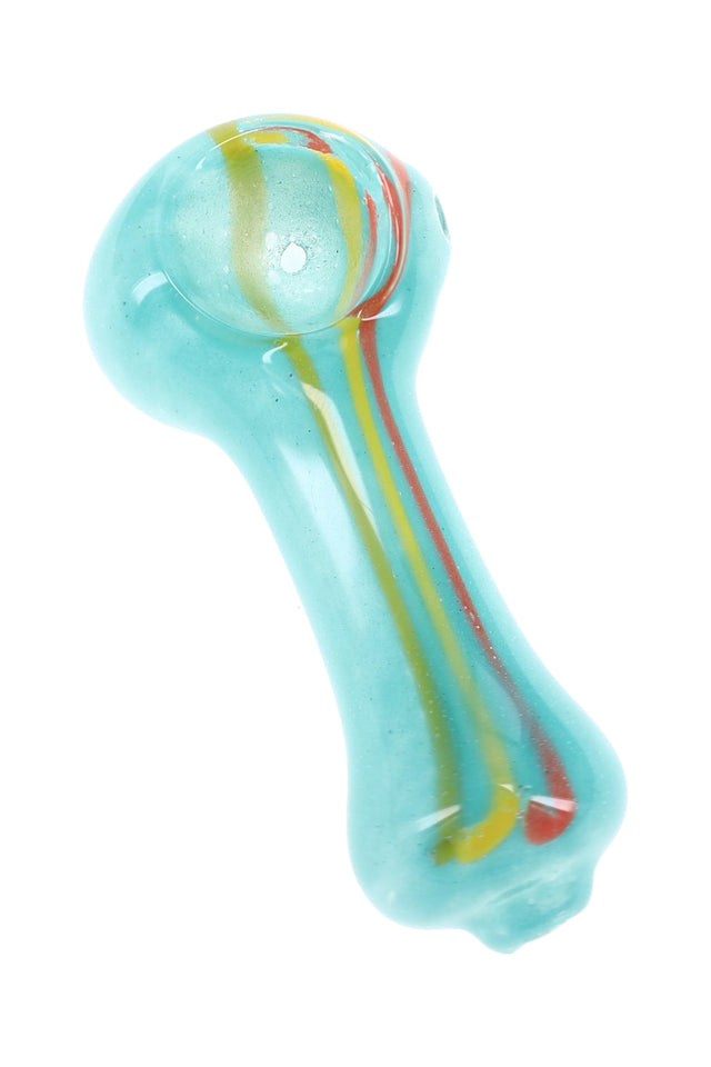 Aqua 2½″ rasta stripe glass hand pipe with frit texture, spoon bowl, side carb, and rounded mouthpiece
