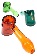 Assorted 6B Glass hammer hand pipes in orange, green, and teal colored glass with side carbs