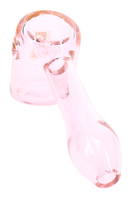 Pink 6B Glass hammer hand pipe close-up with rounded mouthpiece, deep bowl, and side carb