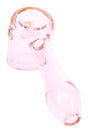 Pink 6B Glass hammer hand pipe close-up with rounded mouthpiece, deep bowl, and side carb