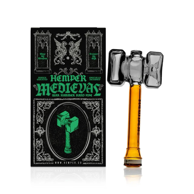 Hemper Medieval Warhammer glass hand pipe with smoky black hammer head, amber handle and retail box