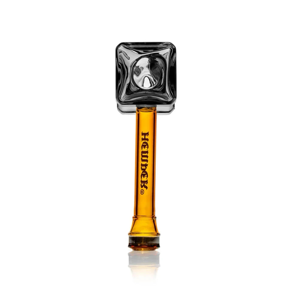 Front view of Hemper Medieval Warhammer 4″ glass hand pipe with square smoky bowl and amber stem