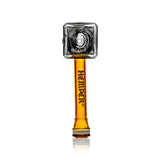 Hemper Medieval glass hand pipe viewed from bowl end with square smoky head and branded amber handle