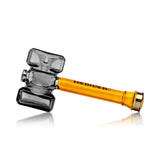 Side view of Hemper Warhammer glass hand pipe with smoky rectangular hammer head and amber glass stem