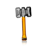 Hemper Medieval Warhammer hand pipe upright with sculpted smoky glass head and translucent amber handle