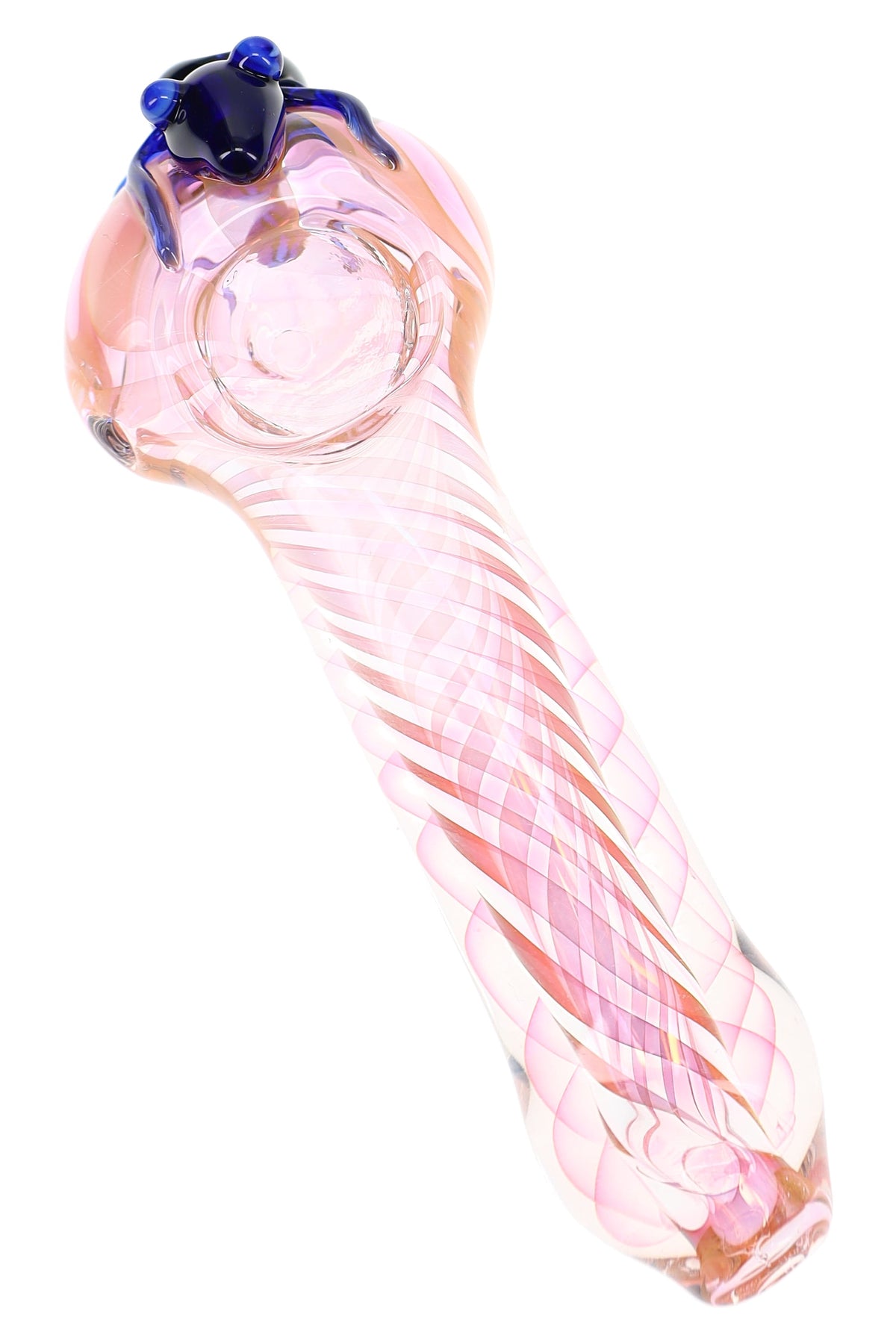 Pink fumed spiral glass spoon pipe with clear bowl, twisted linework, and small blue critter accent