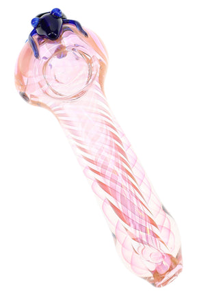 Pink fumed spiral glass spoon pipe with clear bowl, twisted linework, and small blue critter accent