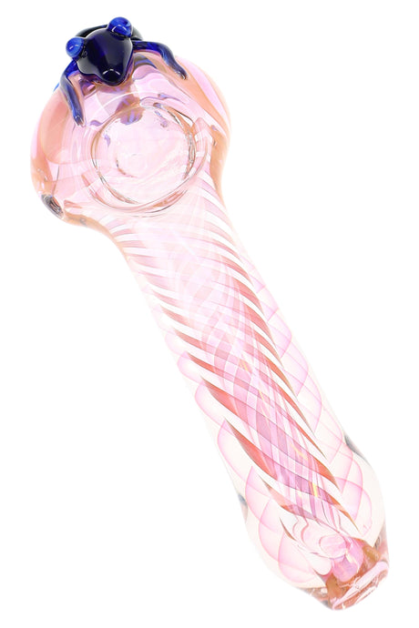 Pink fumed spiral glass spoon pipe with clear bowl, twisted linework, and small blue critter accent
