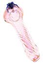Pink fumed spiral glass spoon pipe with clear bowl, twisted linework, and small blue critter accent
