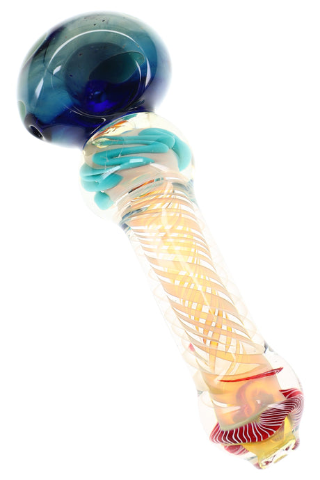 Silver fumed spiral glass spoon pipe with blue bowl, turquoise wrap detail, and red accent end