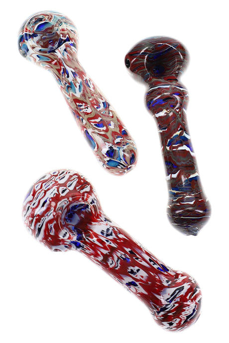 Assorted reverse glass spoon pipes with marbled red, blue, white, and dark patterns, shown in three styles
