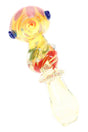 Color-changing glass spoon pipe with yellow tint, red squiggles, blue marbles, and ring accent