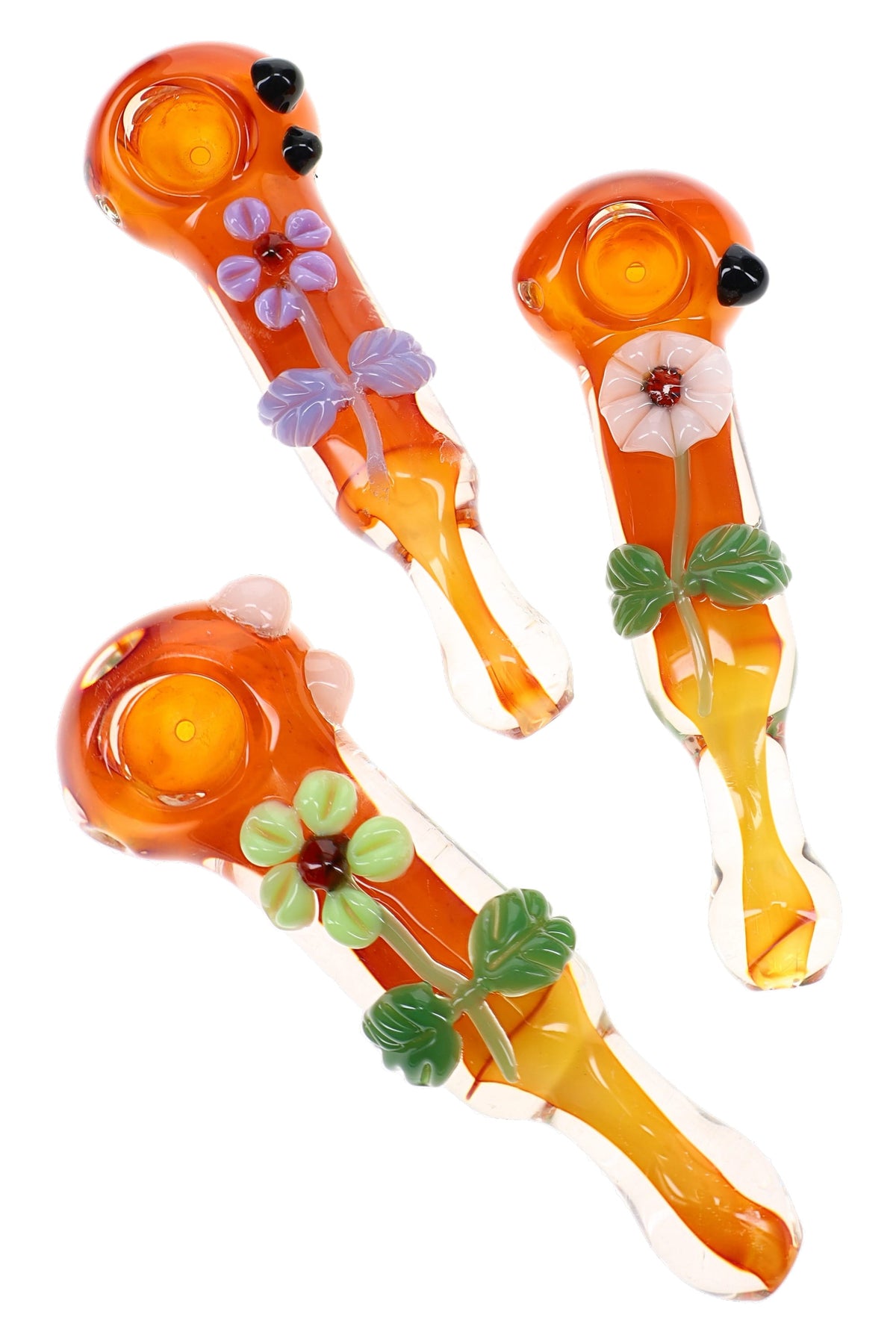 Assorted gold fumed flower hand pipes with orange glass bodies and varied leaf and petal colors