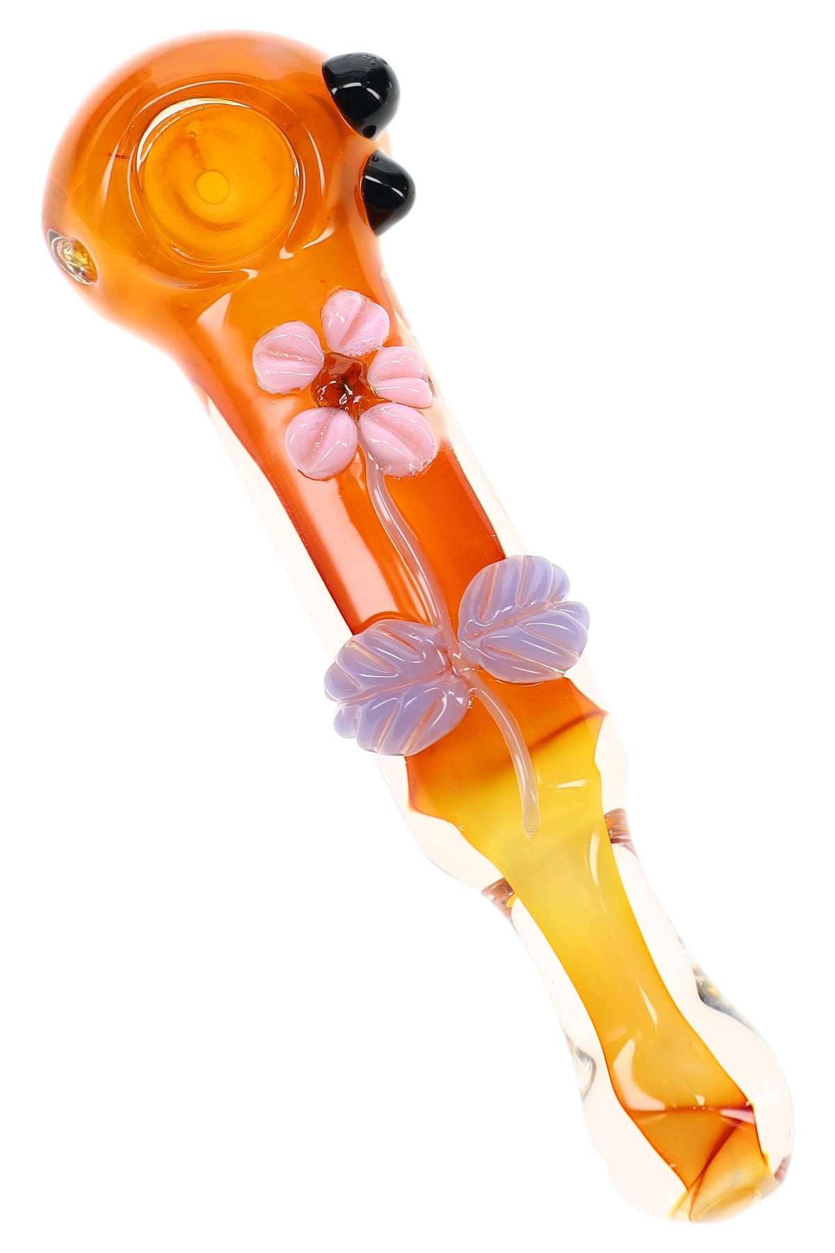 Gold fumed flower glass spoon pipe with orange body, pink petals, purple leaves, and black marbles