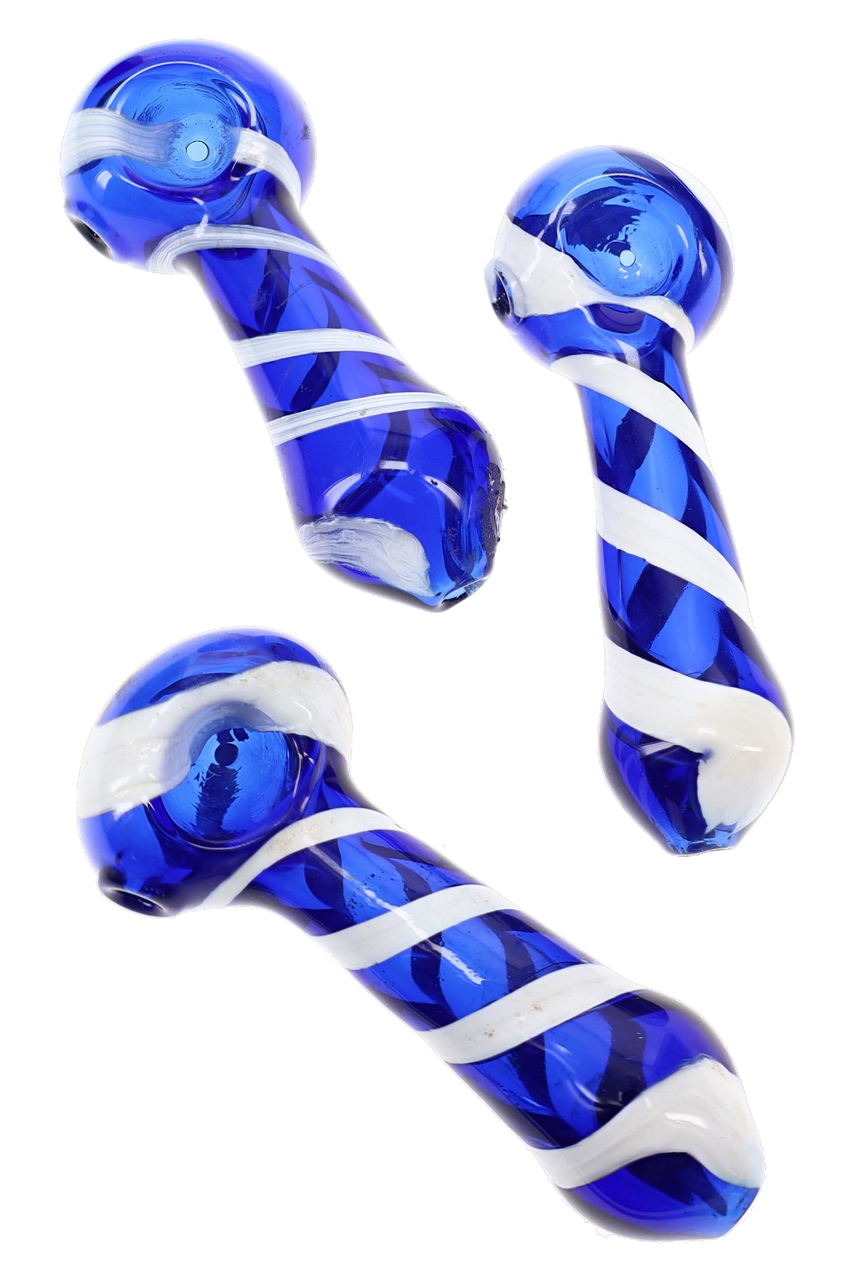 Assorted blue striped glass hand pipes showing white spiral accents, spoon bowls, and rounded ends