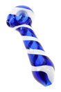 Blue glass spoon pipe with painted white stripes, rounded bowl, side carb, and compact 4 inch shape