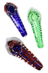 Assorted colored glass hand pipes with bubble texture, leaf accents, and spoon-style bowls