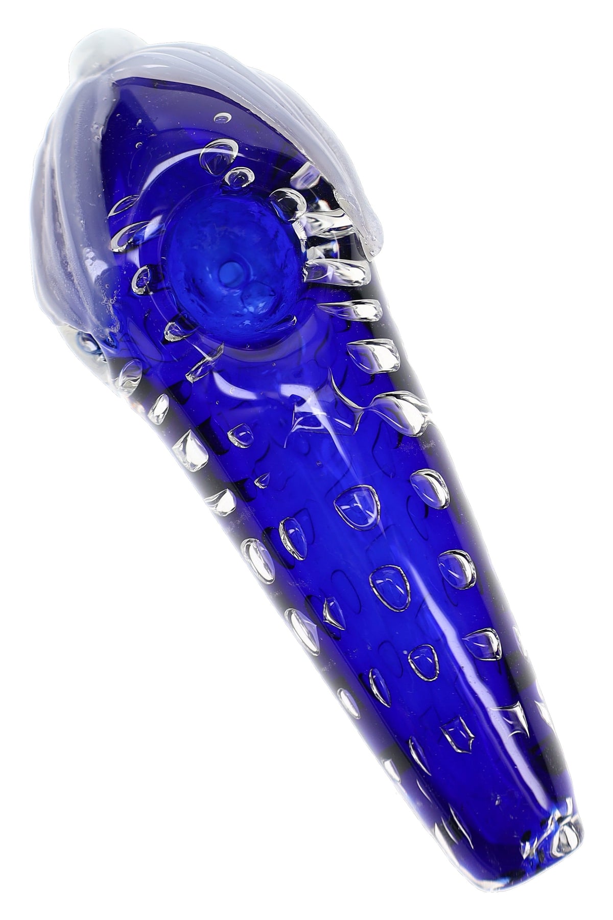 Blue bubble leaf glass spoon pipe with raised clear dots, rounded bowl, and 5 inch hand pipe shape