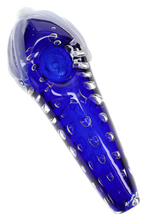 Blue bubble leaf glass spoon pipe with raised clear dots, rounded bowl, and 5 inch hand pipe shape