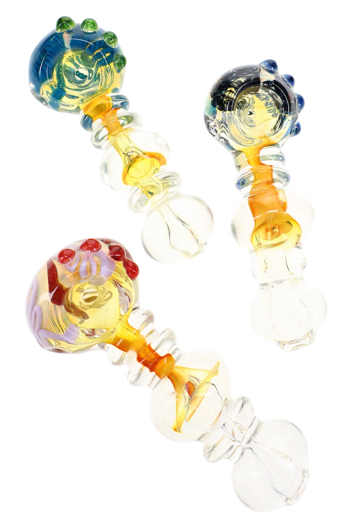 Assorted gold fumed glass hand pipes with striped bowls, colored marbles, and clear ring accents