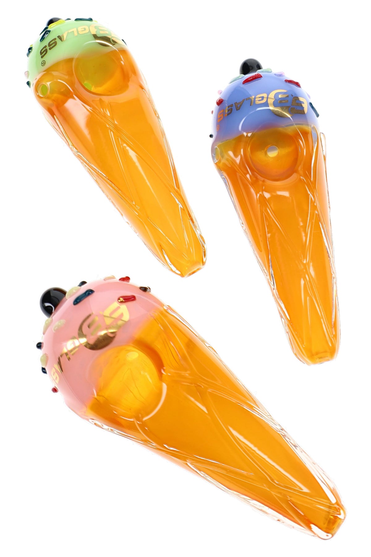 Assorted ice cream cone glass pipes with orange bodies, pastel tops, and colorful sprinkle details