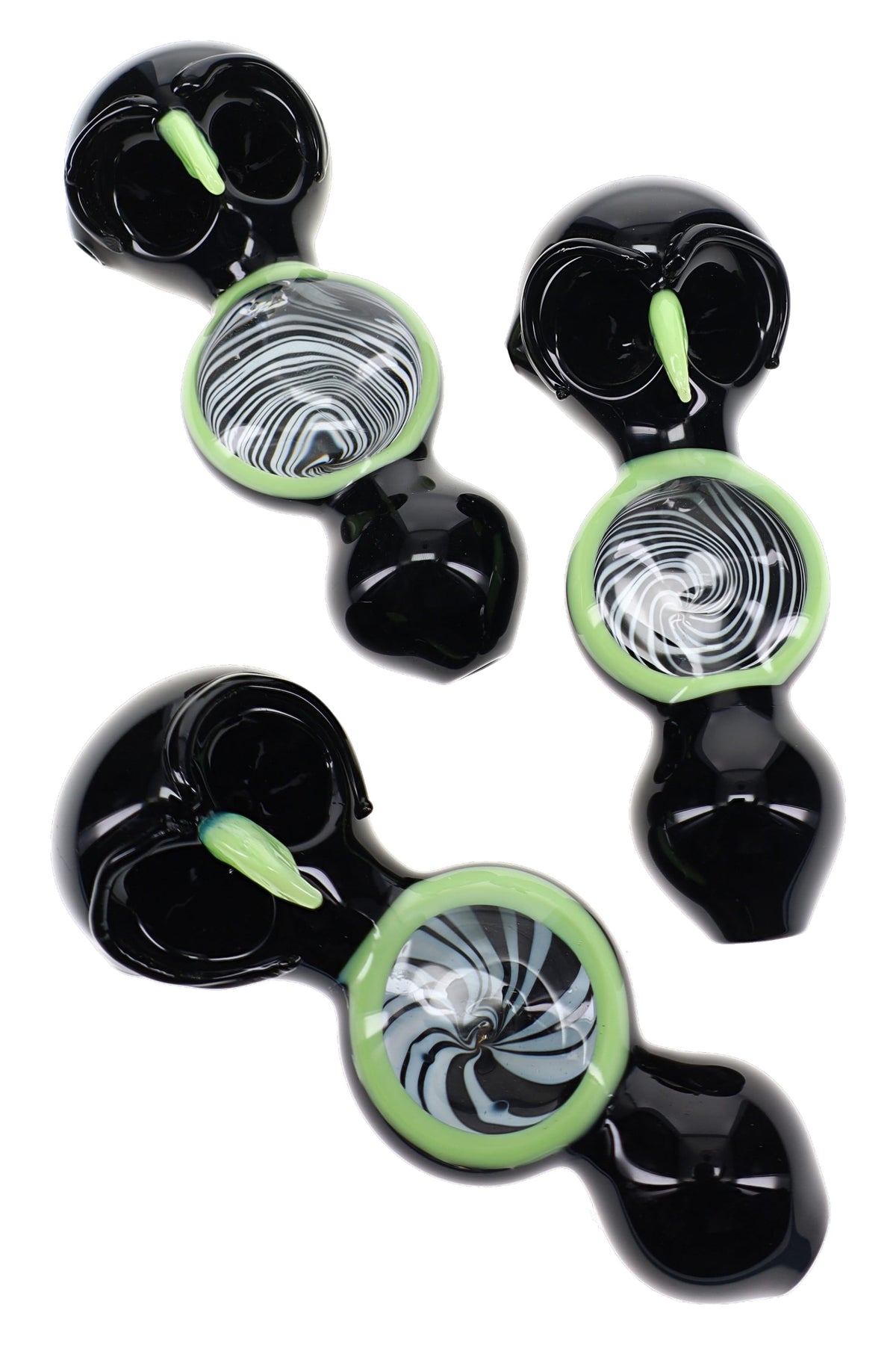 Assorted black owl glass pipes with neon trim, double bowls, and varied spiral chest patterns