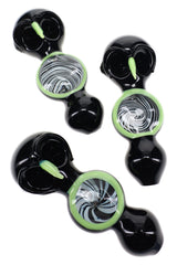 Assorted black owl glass pipes with neon trim, double bowls, and varied spiral chest patterns