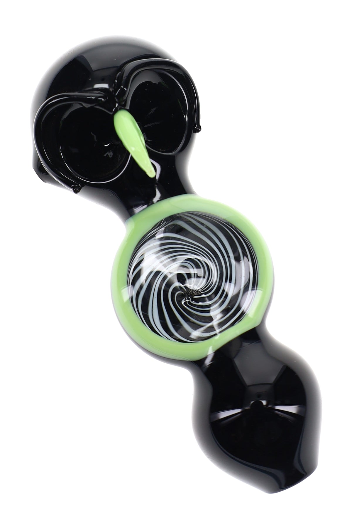 Black owl glass hand pipe with neon green accents, double bowl design, and spiral center detail