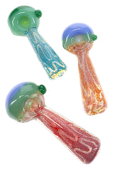 Assorted silver fumed frit glass hand pipes with neon bowls, colored marbles, and squiggle details
