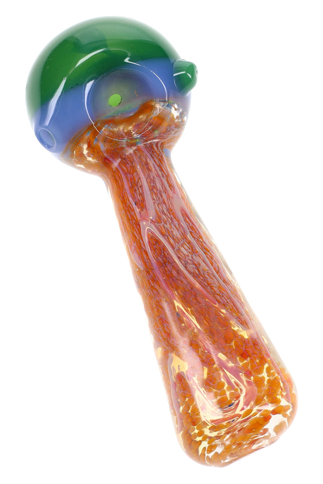 Silver fumed glass hand pipe with orange frit body, neon green bowl, and raised squiggle accents