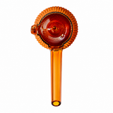 Top view of Baltic Amber NWTN Home Deco glass hand pipe showing bowl, carb and long mouthpiece