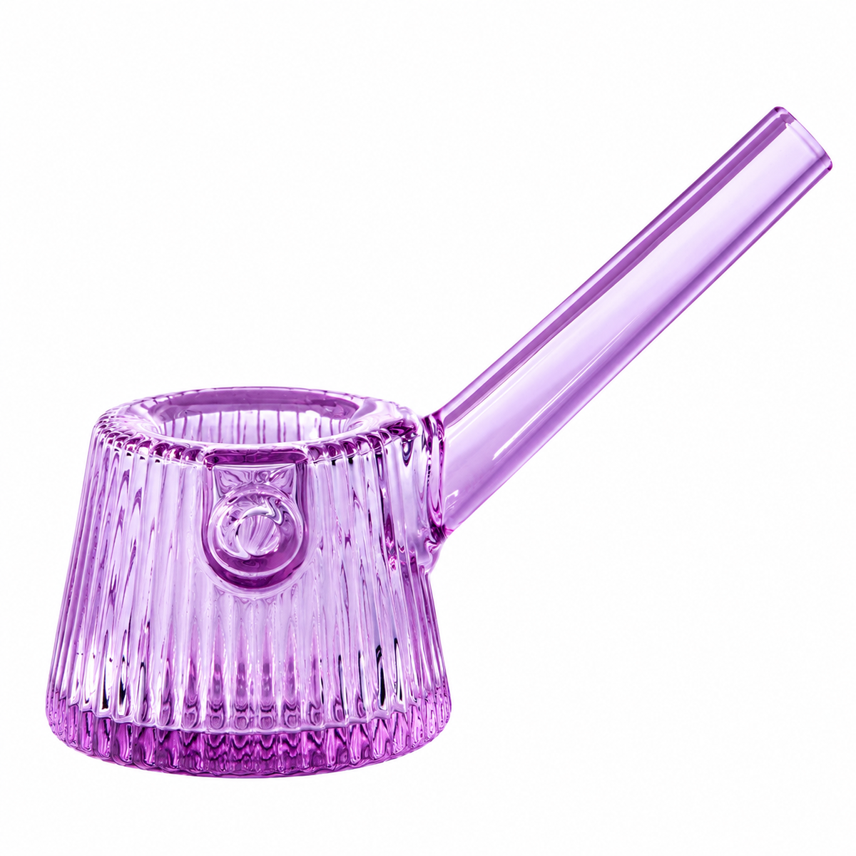 Orchid NWTN Home Deco glass hand pipe with purple fluted body, round carb and angled mouthpiece