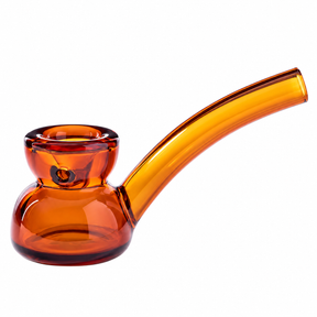 Amber-orange Vesper glass hand pipe with a thick rounded base, deep bowl and long curved glass stem