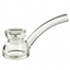 Clear Vesper glass hand pipe with a thick round base, raised bowl, side carb and long curved mouthpiece