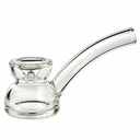 Clear Vesper glass hand pipe with a thick round base, raised bowl, side carb and long curved mouthpiece