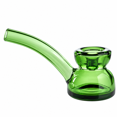 Emerald green Vesper glass hand pipe side view showing its thick round base, raised bowl and curved mouthpiece